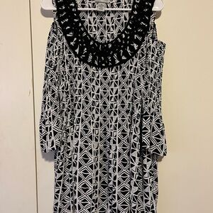 Catherine’s Black and White Geometric Cold Shoulder Blouse